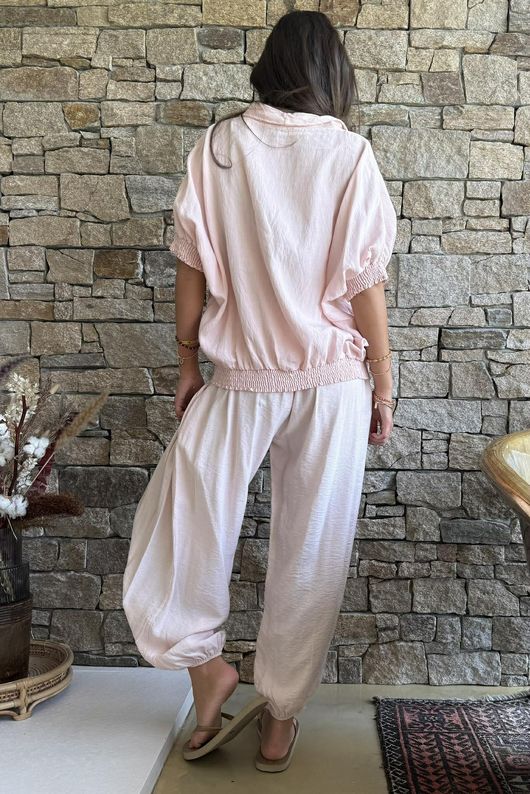 Basso Button Drape Cap Sleeve Shirt Seashell